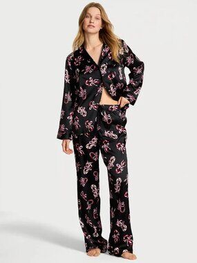 NWT Victoria's Secret Candy Cane Glazed Satin Long Pajama Set Size M Regular